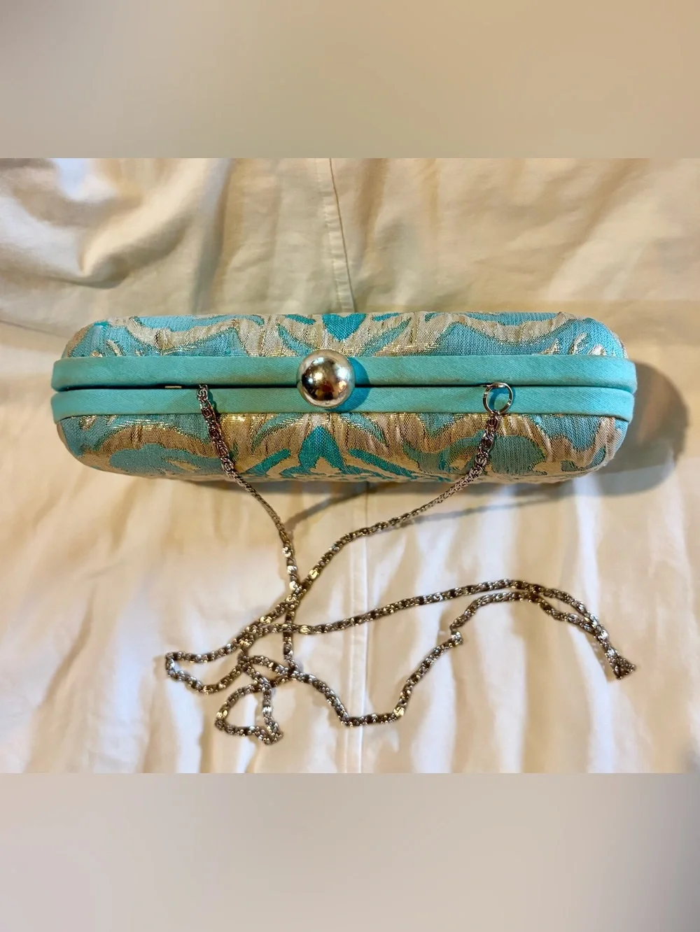 Roberta Freymann Turquoise and Gold Embossed Clutch/Chain Crossbody- Kiss lock